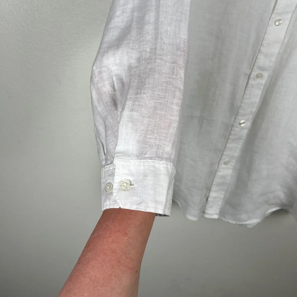 Muji Mens XL White 100% Linen Button Down Shirt 3/4 Sleeve Minimalist Coastal